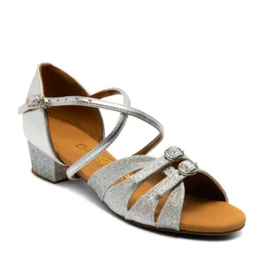 G1014 Girls silver ballroom shoe Dansport G1014 Girls Ballrom Shoes White, Silver Glitter, Tan Satin