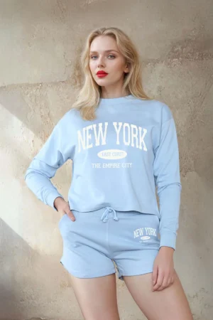 blue coord set New York Varsity Printed Sweatshirt & Shorts Set Black or Blue
