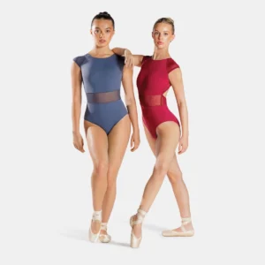 FD013 3 Raglan Sleeve Open Back Mesh Panel Leotard, Berry , Black or China Blue